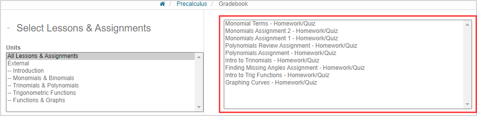 The lists in the select lessons and assignments pane of the gradebook are highlighted.